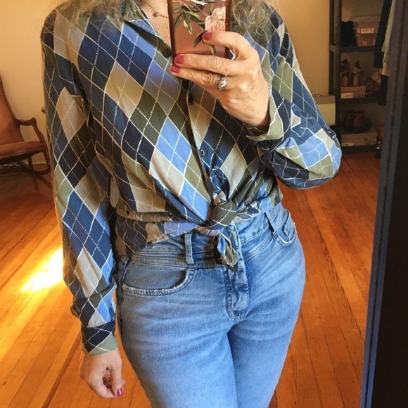 Blue Argyle Blouse Button Up Collared Top - Picture 1 of 9